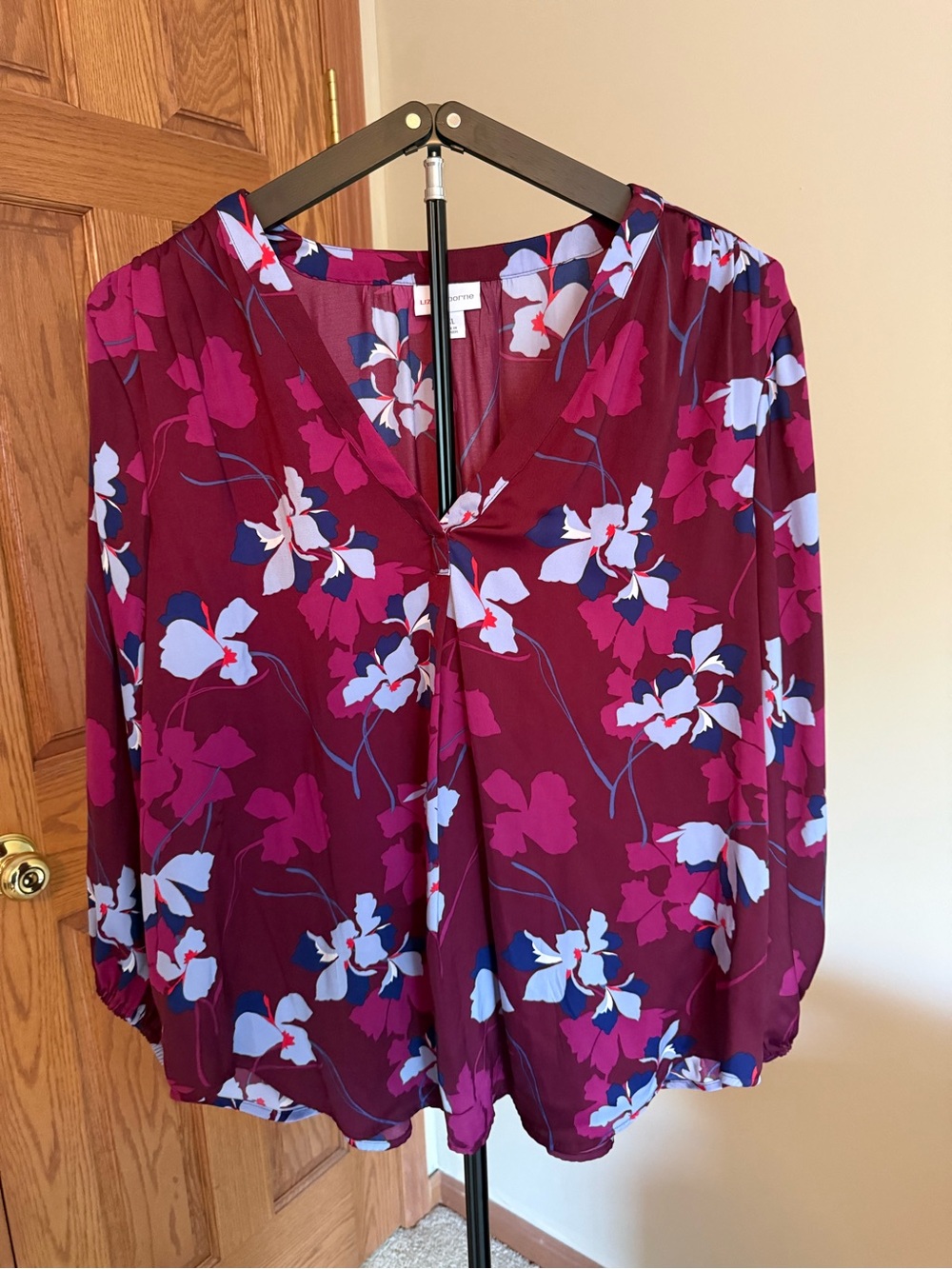 Liz Claiborne Burgundy Floral V-Neck Blouse
